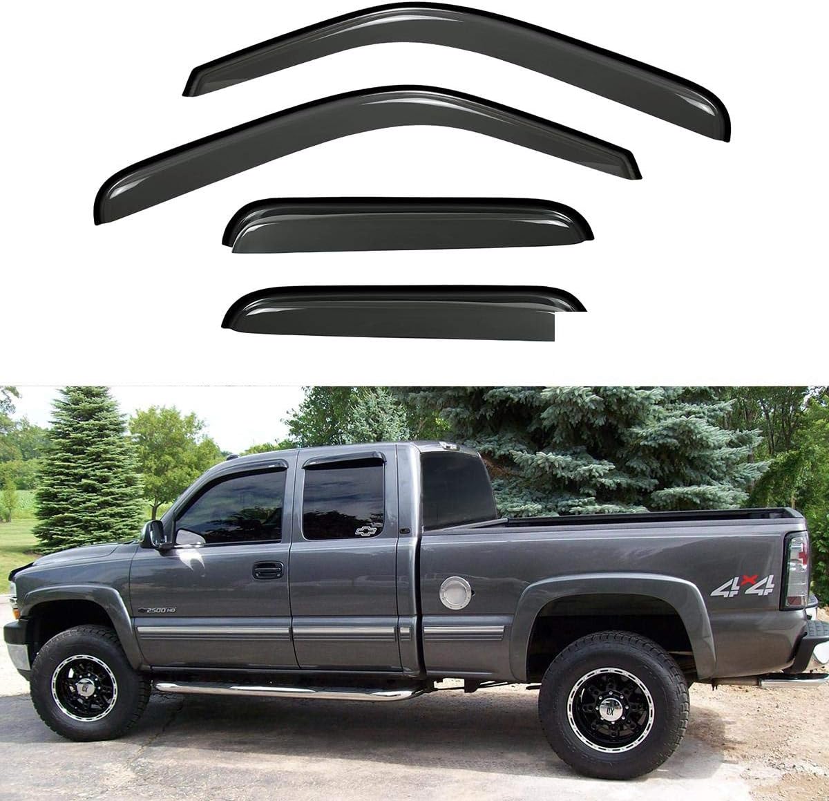 4pcs Compatible with 99-06 Silverado Sierra 07 Classic Extended Cab Dark Smoke Out-Channel Outside Mount Style Wind Sun Rain Guard Vent Shade Deflector Window Visorss